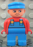 LEGO 4555pb155 Duplo Figure, Male, Blue Legs, Red Top with Blue Overalls, Blue Cap, Turned Down Nose