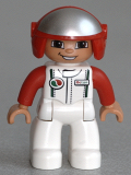 LEGO 47394pb161 Duplo Figure Lego Ville, Male, White Legs, White Race Top with Octan Logo, Red Helmet