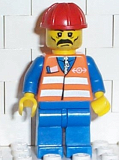 LEGO trn001 Orange Vest with Safety Stripes - Blue Legs, Moustache, Red Construction Helmet