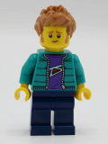 LEGO twn390 Male with Purple Shirt, Dark Turquoise Jacket, Dark Blue Legs and Medium Nougat Hair